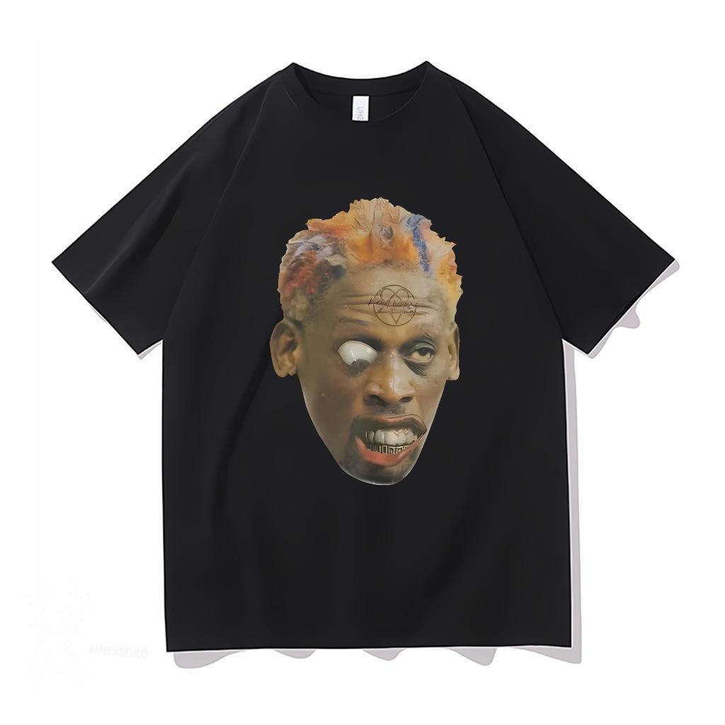 American street style Black head print short-sleeve T-shirt for men and women, loose street hip-hop rapper top