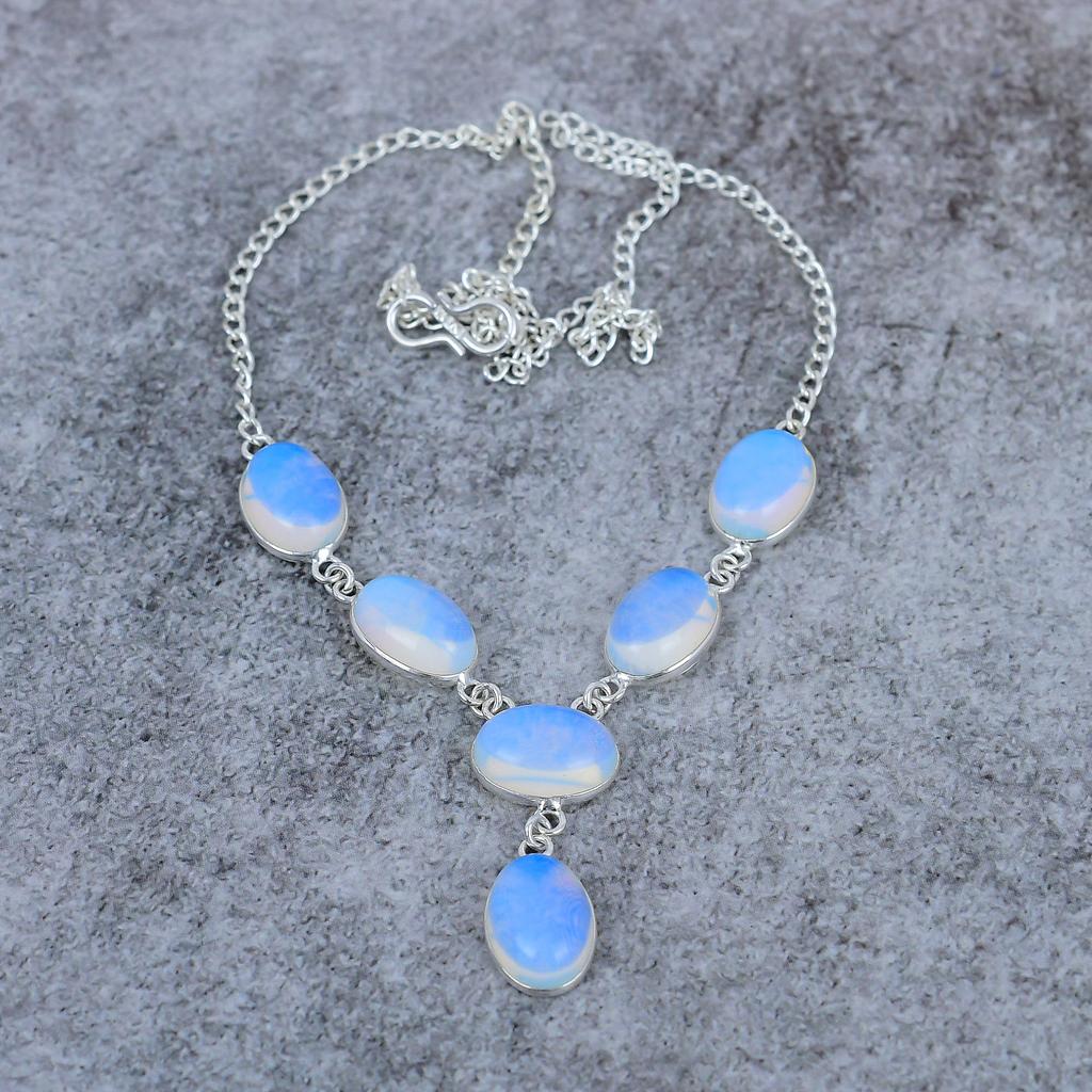 Молочный Опал Драгоценный Камень Ручной Работы Ювелирное Изделие из Серебра 925 пробы Ожерелье 18" M-405