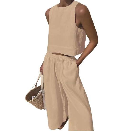 Женский летний комплект из 2 предметов: жилет без рукавов с круглым вырезом, эластичные длинные брюки с высокой талией, однотонный тонкий повседневный комплект