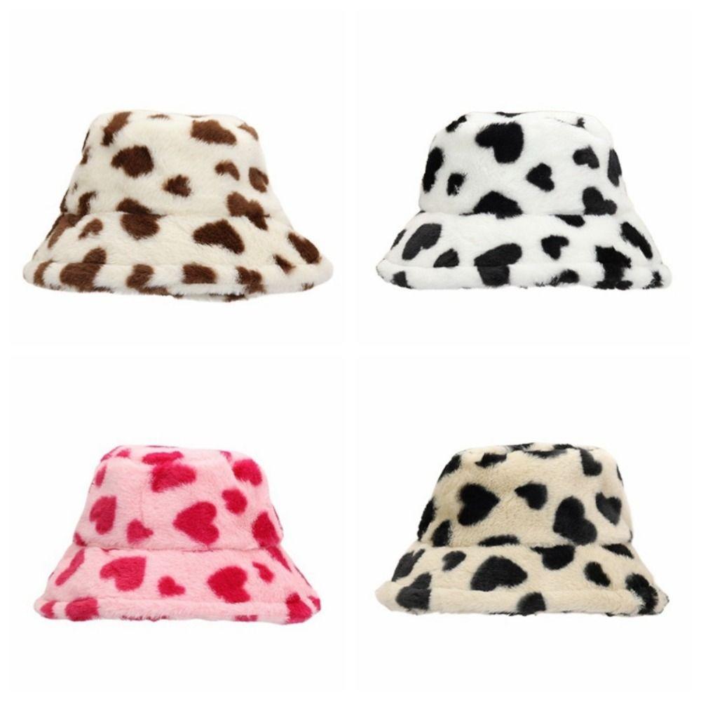Cute Faux Fur Plush Fisherman Hat Thicken Warm Love Heart Bucket Hat Coldproof Fluffy Winter Plush Hat Autumn