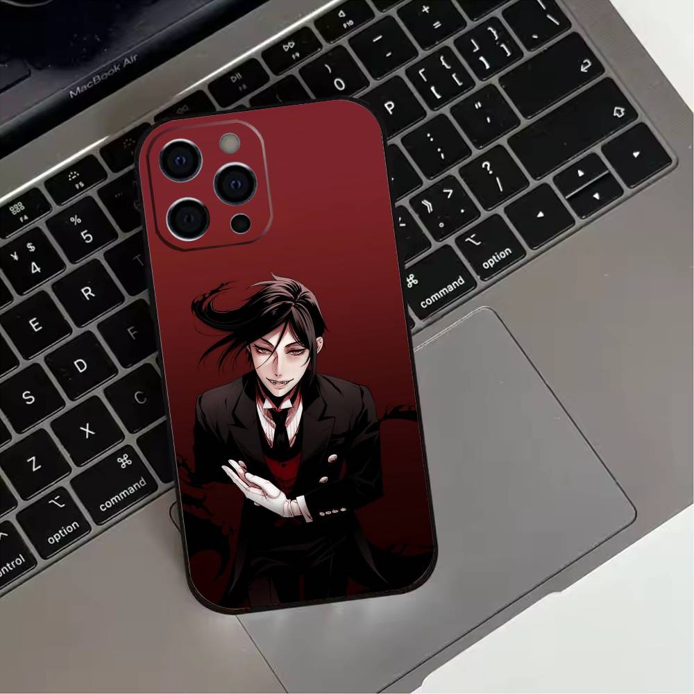Черный чехол для телефона B-ButlerS (Аниме) для iPhone 17,16,15,14,13,12,11 Plus,Pro Max,XS, Мягкий силиконовый черный чехол