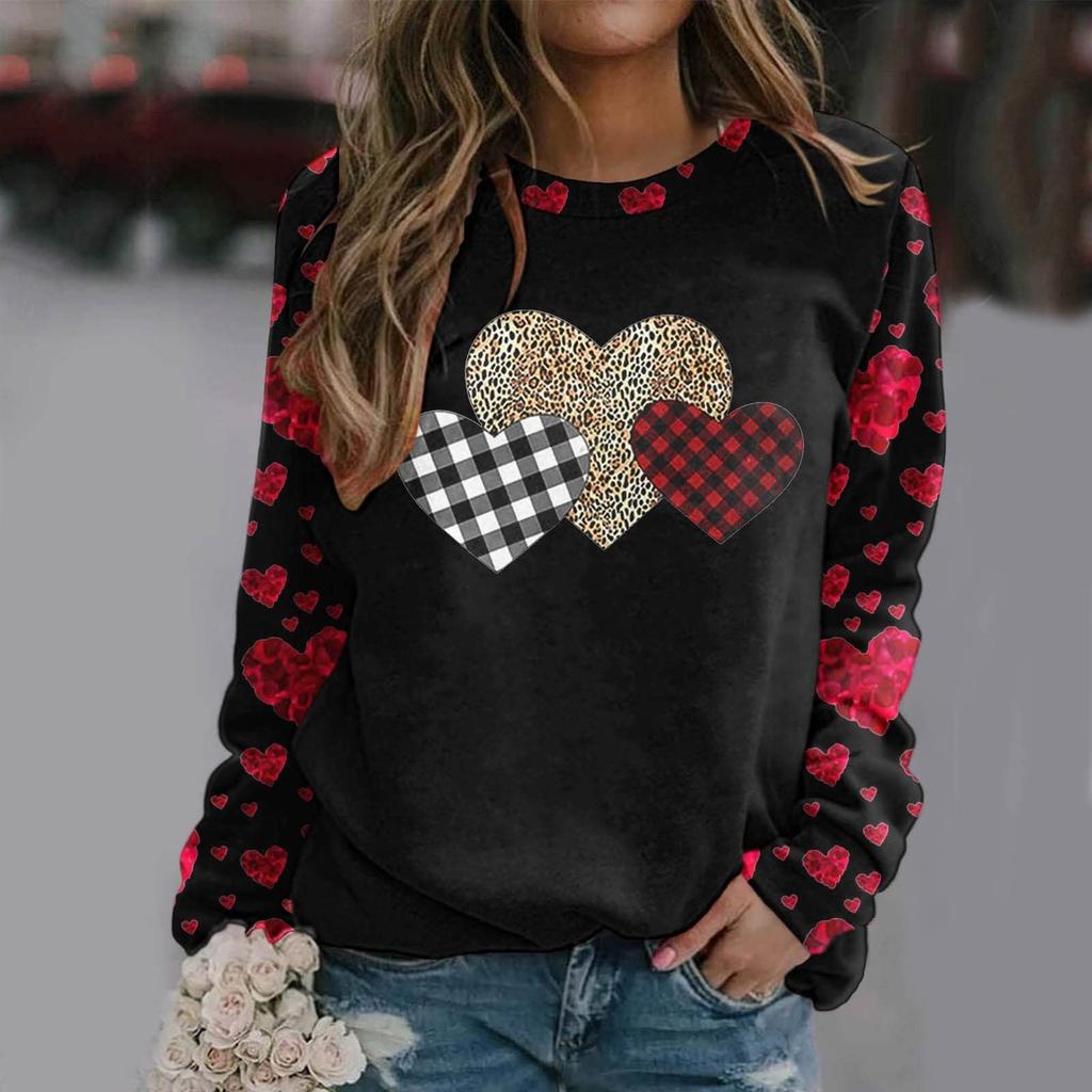 Женский повседневный пуловер с круглым вырезом и длинными рукавами, футболка с принтом ко Дню святого Валентина, топ