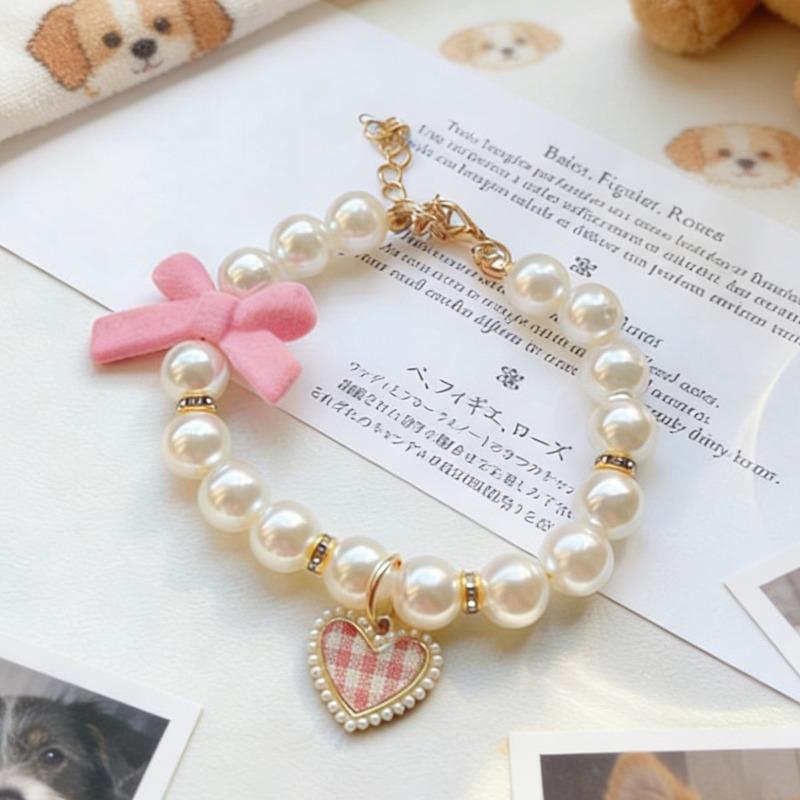 Elegant Pearl Pet Collar Velvet Bow Heart Pendant Adjustable Decorative Necklace For Kitten Small Cats Small Dogs Photo Costume