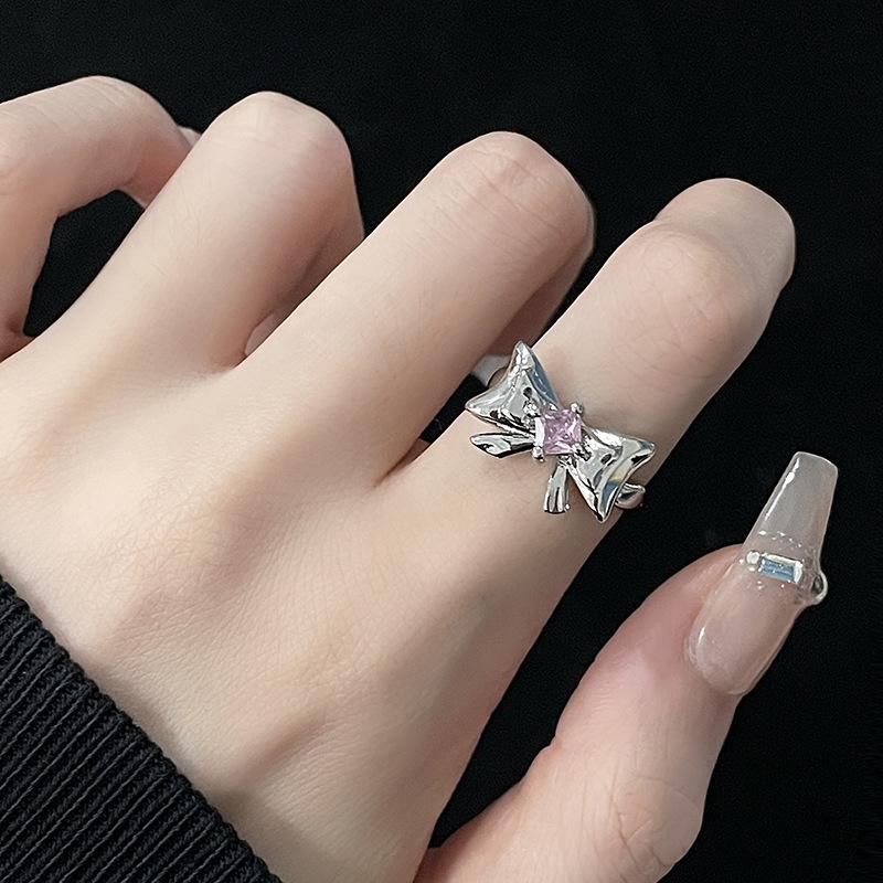 Niche Design Ring, Female Bow Opening, Diamond-Encrusted Zircon Pink, Girl'S Heart Index Finger Premium