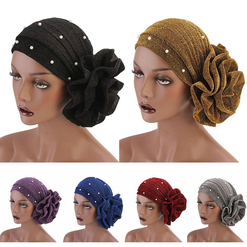 Shiny Silk Head Scarf Hair Loss Women Cancer Chemo Cap Pearls Turban Cap Big Flower Muslim Hat