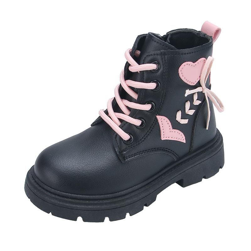 Children Fashion Boots Girls Ankle Boots Pink Elegant Zipper Cool Love Pattern Kids Princess Leather Boots Non-slip Size 26-37