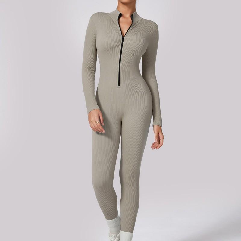 Womens High-Elastic Quick-Dry Ribbed Seamless Yoga Jumpsuit With Zipper Fit Sports Bodysuit