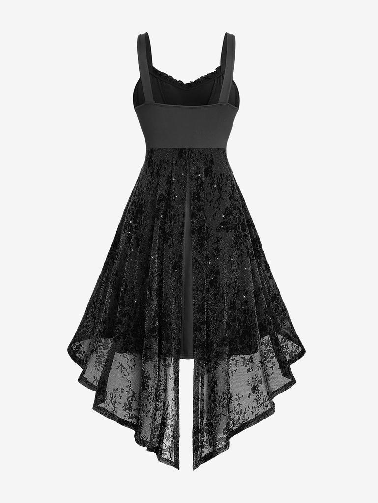 Rosegal Plus Size Блестящее цветочное флокирование со сборками PU-панелями с поясом, разрезом, многослойное, асимметричное, с высоким и низким вырезом, А-силуэт, платье-майка