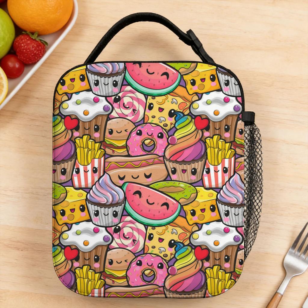 cute kawaii fast food meal print Lunch Bag Outdoor Picnic Portable Insulated Tote Food Bags For Unisex Oxford Print Cooler Bag