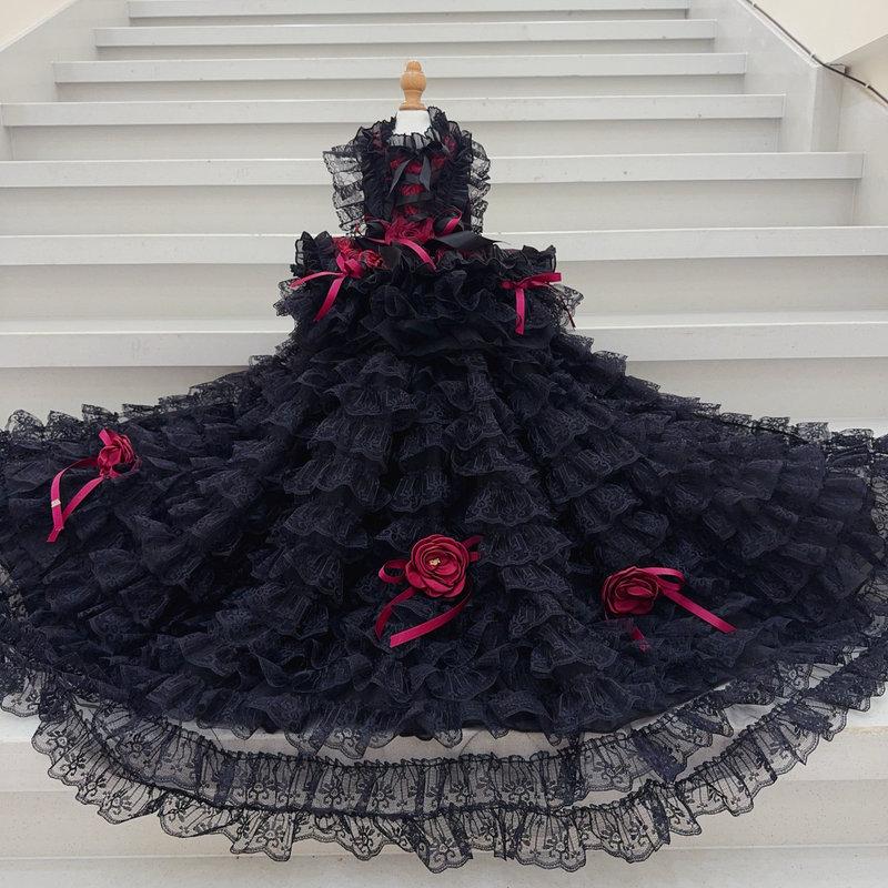 Luxury Handmade Pet Dog Clothes Fine Fashion Black Pink Rose Flower Lace Party Princess Dress For Small Medium Dog Puppy Outfits