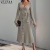 Women's Fashion Spring Fall Solid Color Print Long Sleeve V-Neck High Waist Casual Dresses