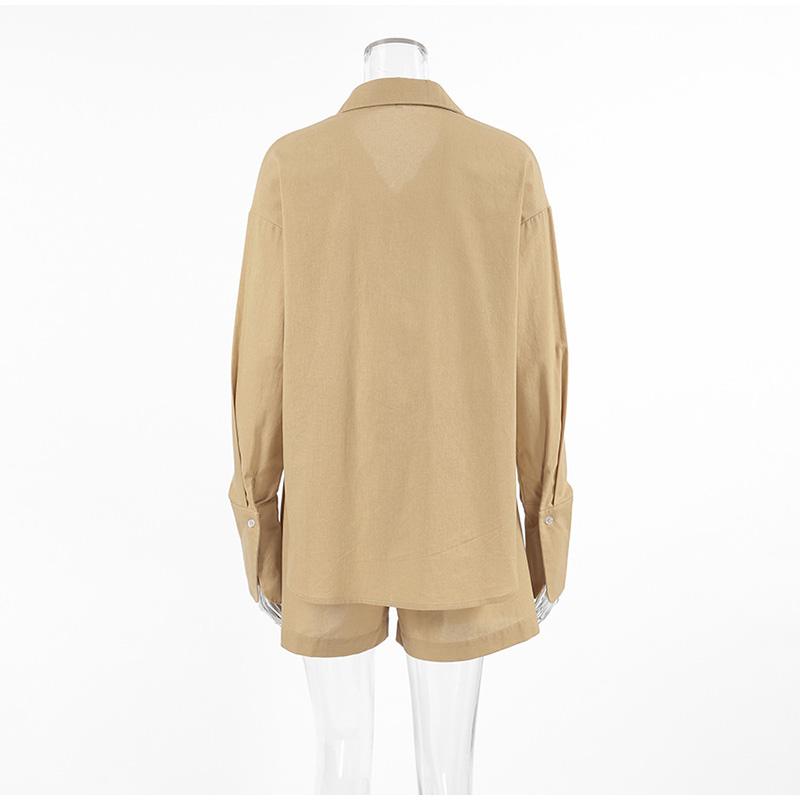 Повседневный комплект с шортами для женщин, весна-лето, лацканы, пуговицы, карманы, блузки, длинные рукава, эластичный пояс, брюки, комплекты, женский однотонный женский костюм