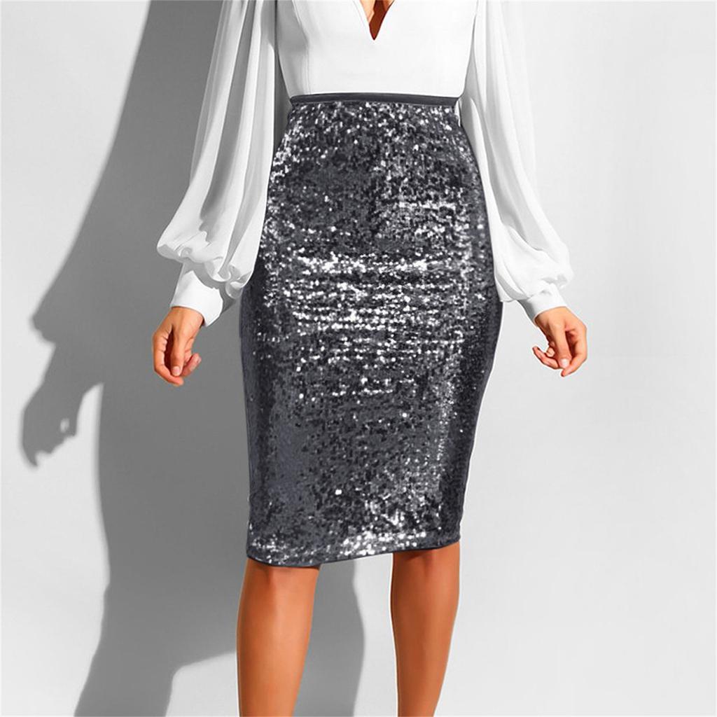 Women Fashion Solid Slim High Waist Push Up Hip Pencil Zipper Sequin Skirt