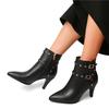 FOREADA Women Ankle Boots Pointed Toe Kitten High Heels Buckle Zipper Rivets Short Boots Ladies Fashion Shoes Winter Red 46