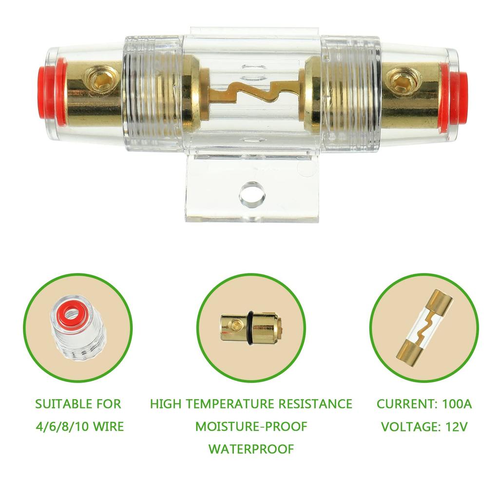 4-8 Gauge AWG in-line Fuse Holder with 100A AGU Fuses for Car Audio, Alarm, Amplifier, Compressors, Waterproof Inline Fuse Holder 100 AMP