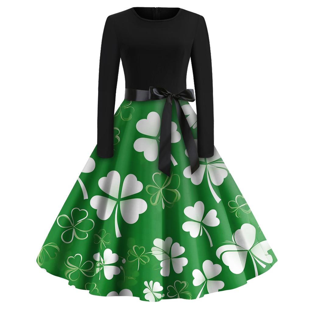 Women's Fashion Round Neck Casual Slim St Patrick's Day Printed Long Sleeve Dresses