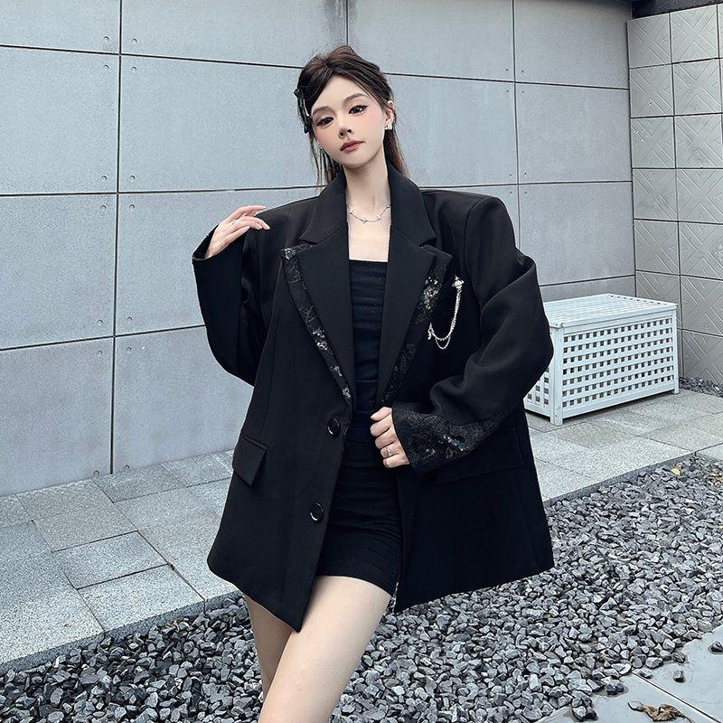 Эксклюзивный Черный Блейзер для Женщин Весна Осень Свободный Крой Пэчворк Имитация Двух Предметов С Подплечниками Модная Верхняя Одежда