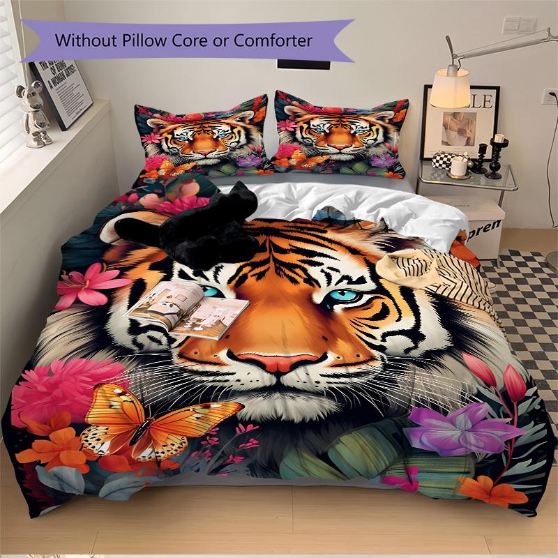 3pcs Tiger Floral Print Duvet Cover Set, Cover For Bedroom Guest Room (1 Duvet Cover + 2 Pillowcase, Without Quilt), yy250922107