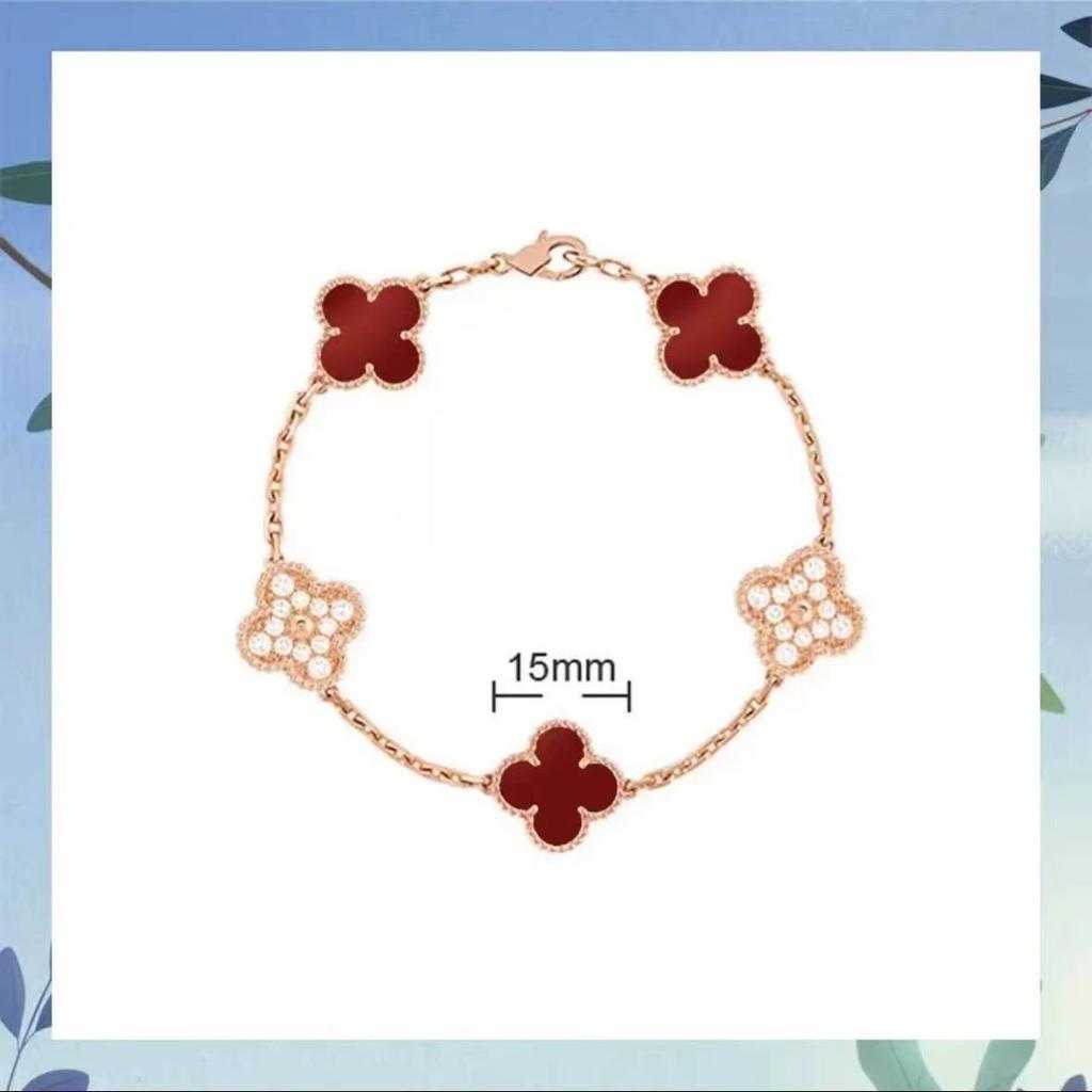 Браслет с четырехлистным клевером и пятью цветами, женский, 18k, с цветком удачи, с белым перламутром
