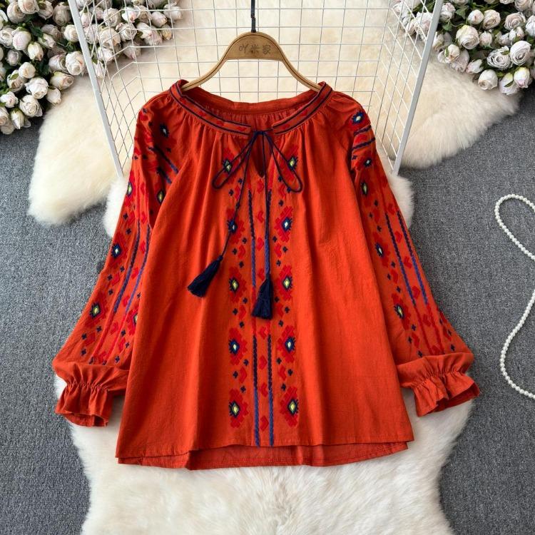 Summer Vintage Women Blouse Embroidered Puff Sleeve Color Block Ethnic Style Camisa Feminina Casual Tops