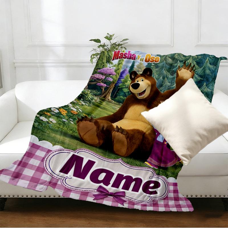 Custom Name Personalized Masha and The Bear Print Blankets, Home Decor, Bedroom, Sofa, Camping, Couch, Gifts for Birthday Christmas