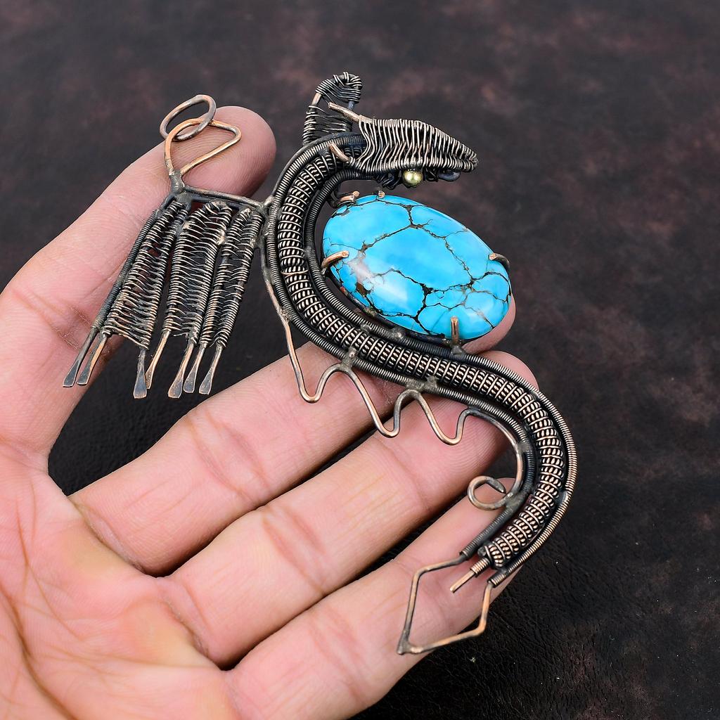 Tibetan Turquoise Pendant Copper Wire Wrapped Pendant Dragon Pendant Handmade Jewelry Designer Pendant Gemstone Copper Jewelry Gift For Him