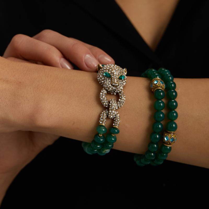 Vintage Green Beads Bracelet Women Rhinestones Leopard Head Bangles Eye Luxury Brand Gold Color Retro Jewelry Accessories 2025