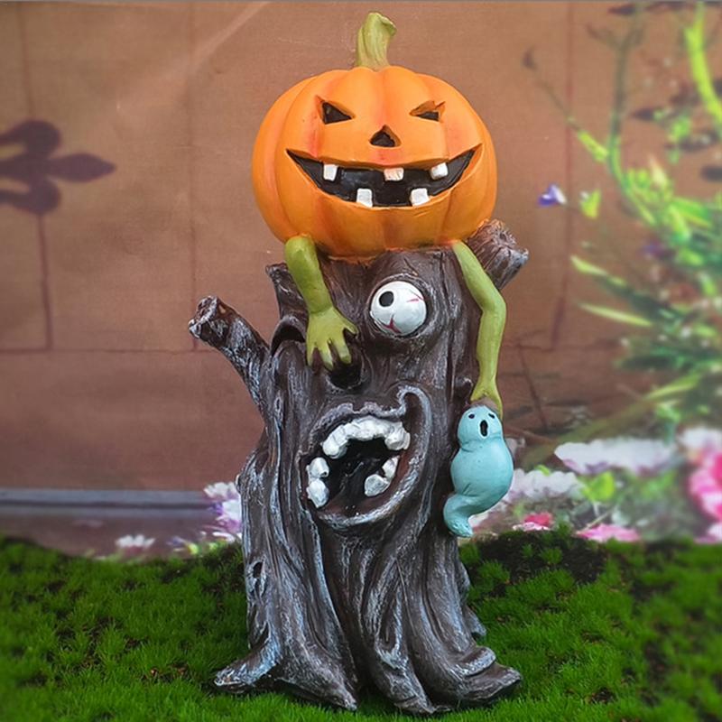 Resin Pumpkin Ghost Tree Stump Statue Halloween Decorations Halloween Figurines Garden Decors for Indoor Haunted House