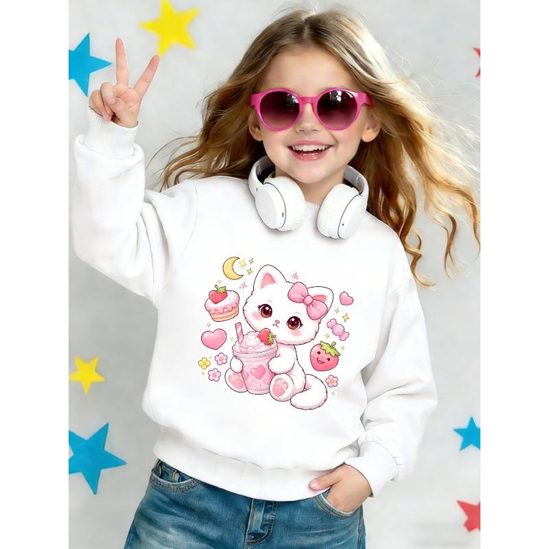 European sizes Cute Cat Print Pattern Kids' Spring Lightweight Crew Neck Sweatshirt, Ages 0-3, Comfortable and Soft Design, Suitable for Outdoor Wear
