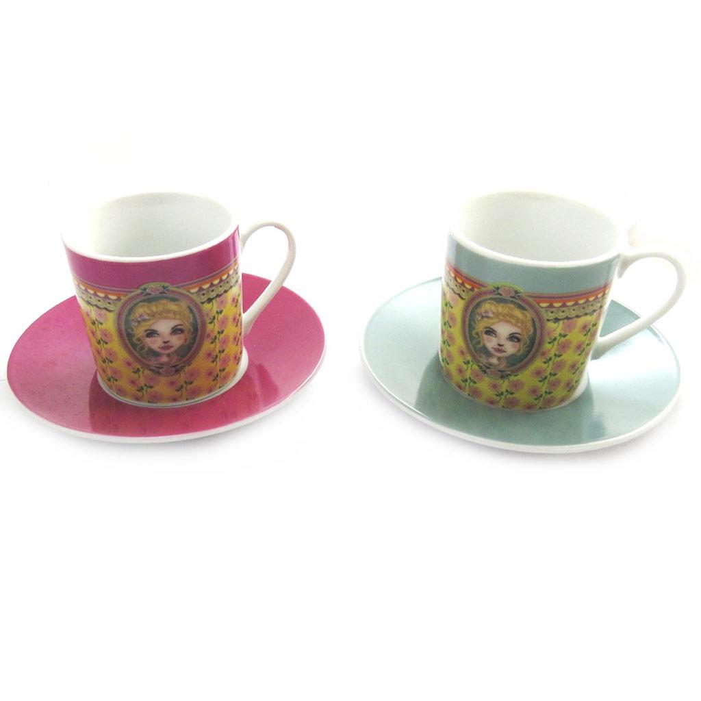 Lili Petrol [M9874] - Box of 2 Coffee Cups 'Lili Petrol' Pink Green (Chloé) - 5x6 Cm