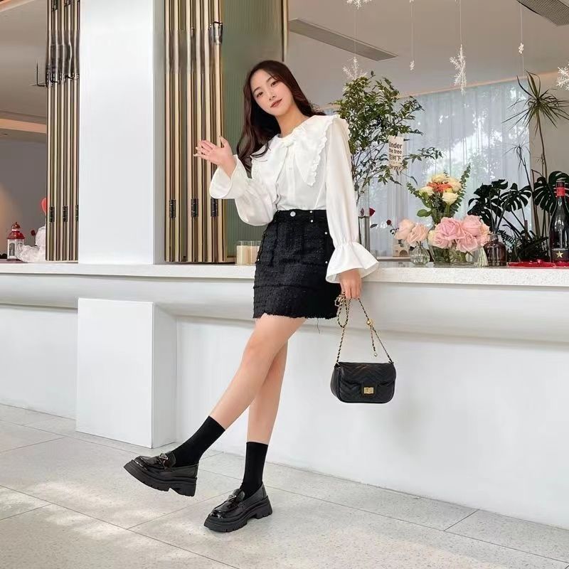 Женские мокасины-маффины на толстой подошве, весна 2025 г., в британском стиле, высокие, треугольные, стандартные, увеличивающие рост, небольшие кожаные туфли с одной педалью