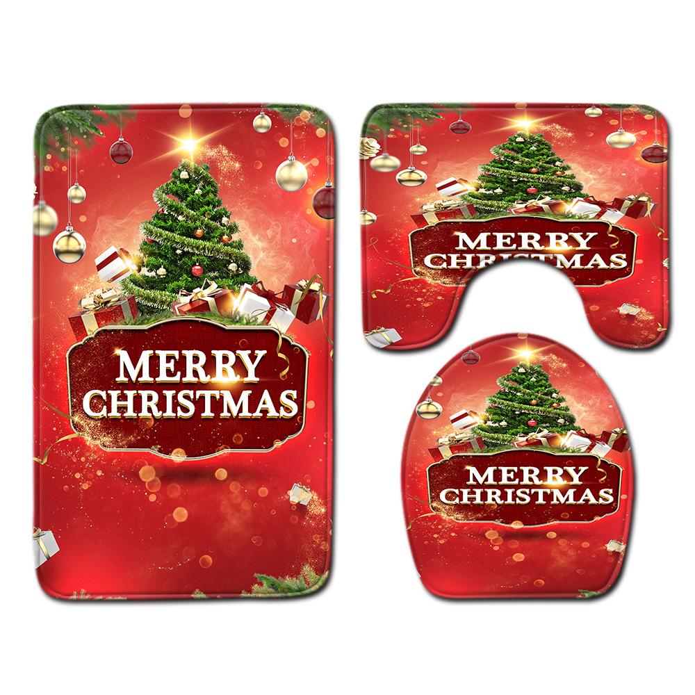 Christmas Home Shower Curtain Polyester Cloth Four-Piece Toilet Floor Mat Bathroom Non-Slip Door Mat Bedroom Carpet