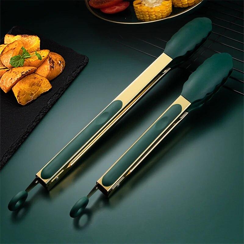 9/12 дюймов, зеленое золото, силиконовые щипцы для еды, нержавеющая сталь, гриль для барбекю, зажим для стейка, кухонный зажим для сервировки салата, хлеба, посуда