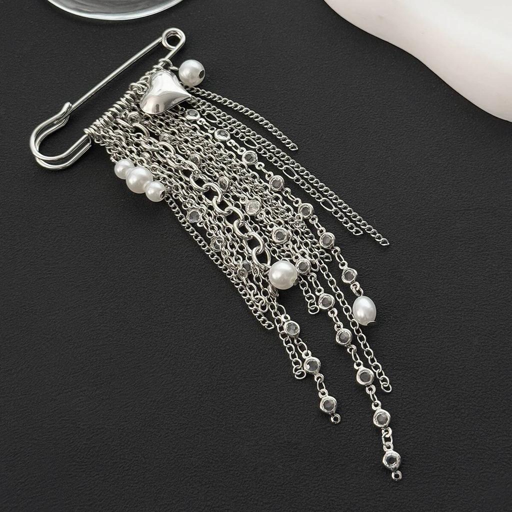 SHIXIN Multi-Layer Beaded Tassel Brooches Women Exquisite Heart Imitation Pearl Pendant Brooch Pin Versatile Clothing Accessory