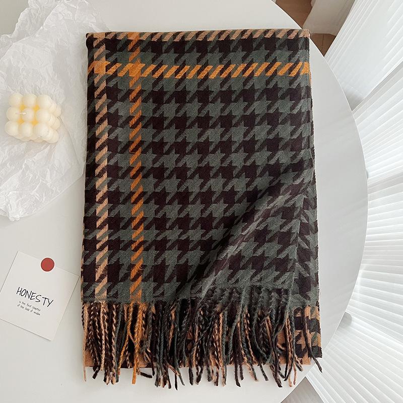 New Thickened Fringe Scarf WomenS Thousand Bird Plaid Cashmere Shawl Sunscreen Autumn And Winter Warm And Wind Proof Neckband Women