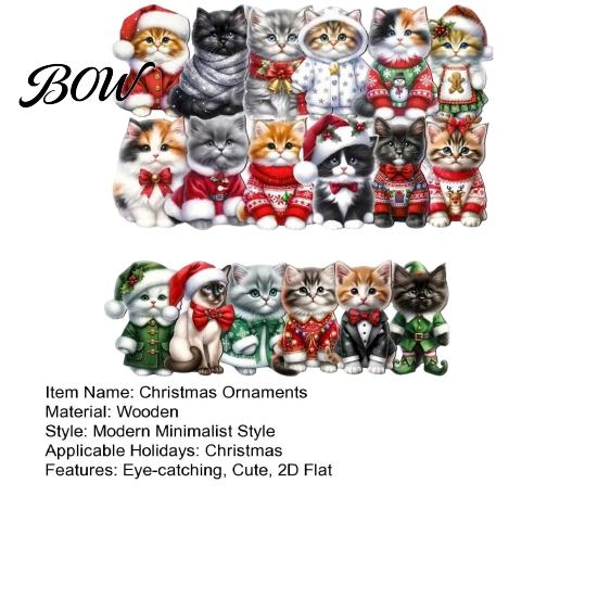 Christmas Party Decorations Cute Cat Ornaments, 2D Wooden Cartoon Tree Festive Hanging Ornaments for Winter Holiday Home Decor Gift Family