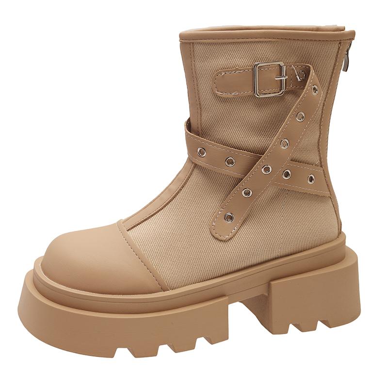 Мода Винтаж Зимние женские мотоциклетные ботинки Модные платформы Толстый каблук Короткие ботинки Повседневная женская обувь с пряжкой на ремне