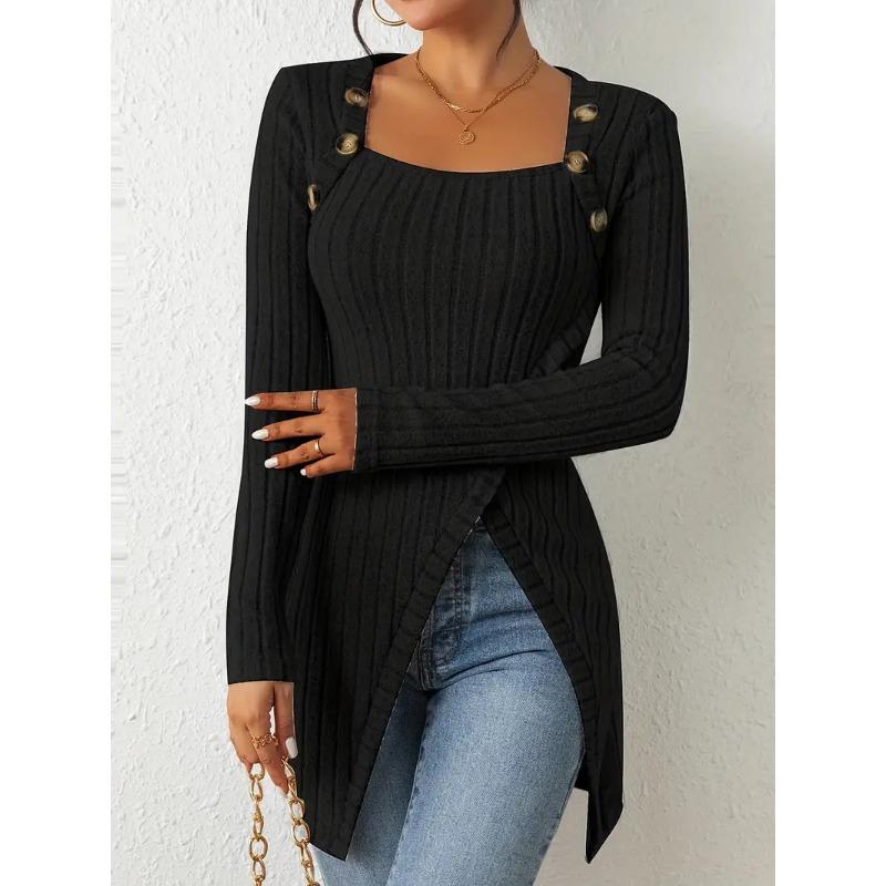 Женские футболки осень-зима мода повседневный топ квадратный воротник длинный рукав неровный подол тонкий футболки