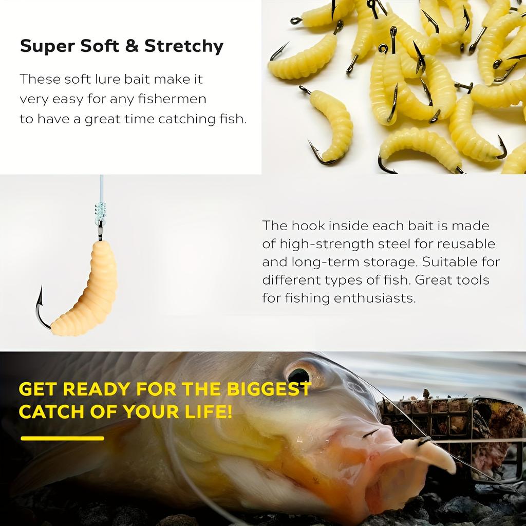 Набор рыболовных приманок из 30 штук желтых резиновых опарышей с крючками - Универсальные приманки-личинки для окуня, форели, краппи, синежаберника - Идеально для пресноводной рыбалки