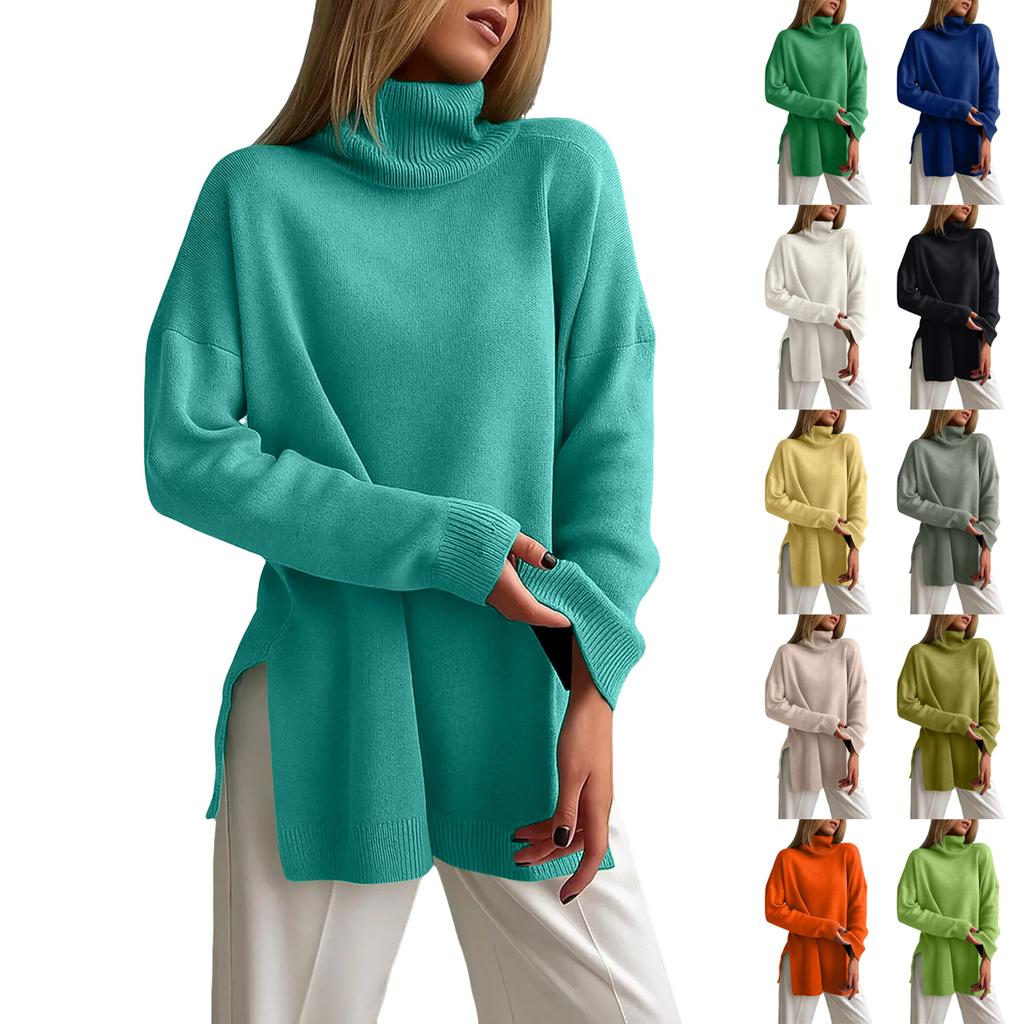 Women's Fashion Casual Solid High Collar Hem Split Long Sleeve Sweater Top