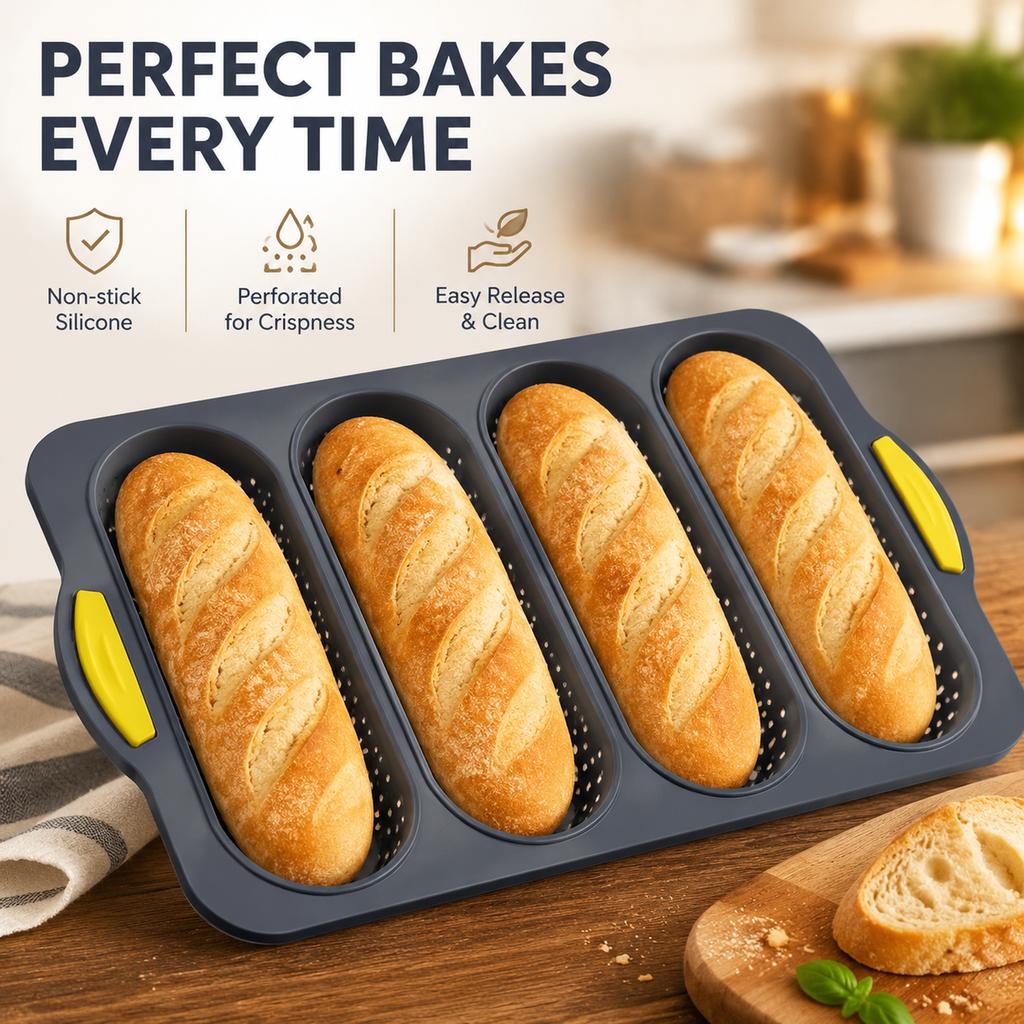 Baguette Baking Pan, 4-Slot Dark Gray Silicone Perforated Mini Loaf Bread Mold with Side Handles for Home Baking