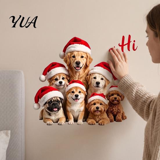 Puppy Themed Christmas Decor Santa Hat Dog Wall Sticker, Waterproof PVC Self Adhesive Mural Decal, Removable for Living Room Bedroom Holiday