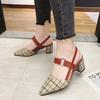 2024 Spring Summer Women Shoes Leather Strap Sandals Woman Pointed Plaid Slingback Pumps Sandal Square Heels New Hot