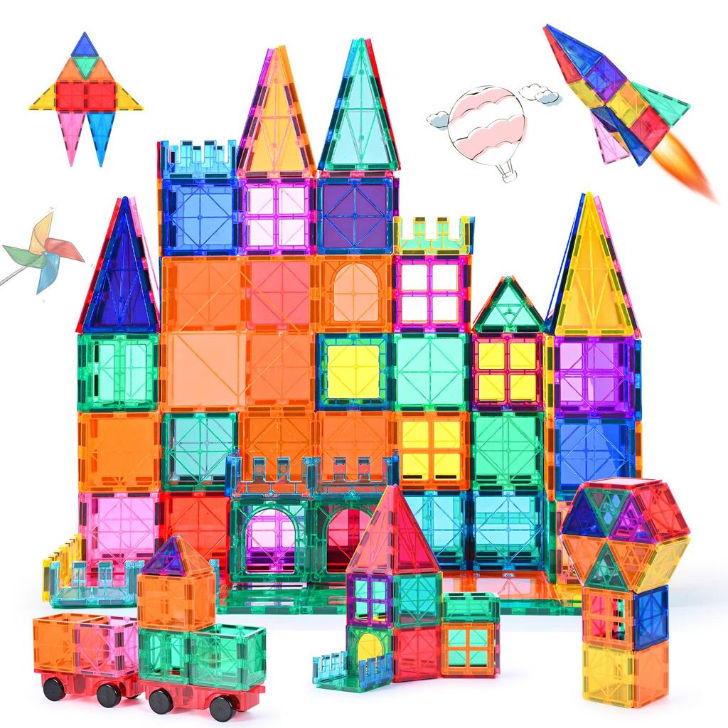 Magnetic Blocks 100 Pieces 3D Magnetic Toy Features Strong Magnetic Construction Toys for Kids Building Blocks for Boys and Girls Comes with 2 Cars A