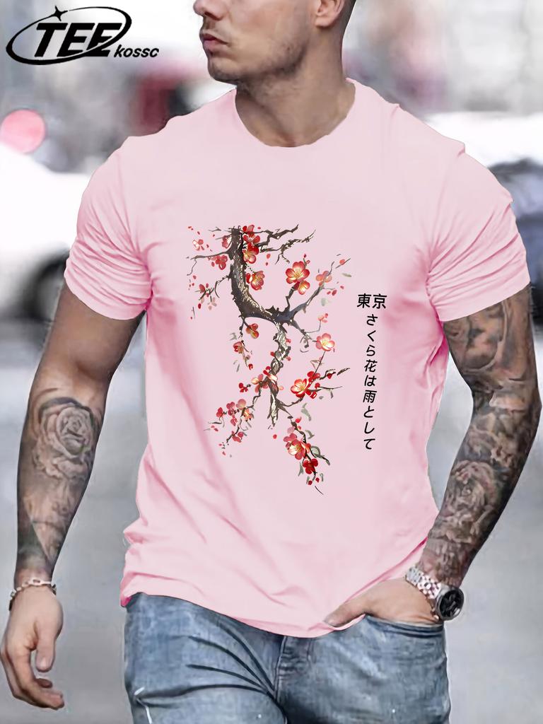 Cherry Blossoms And Rain In Tokyo Mens T Shirts Hip Hop AllMatch Tops Casual Cotton Retro Clothes Male Loose ONeck Streetwear