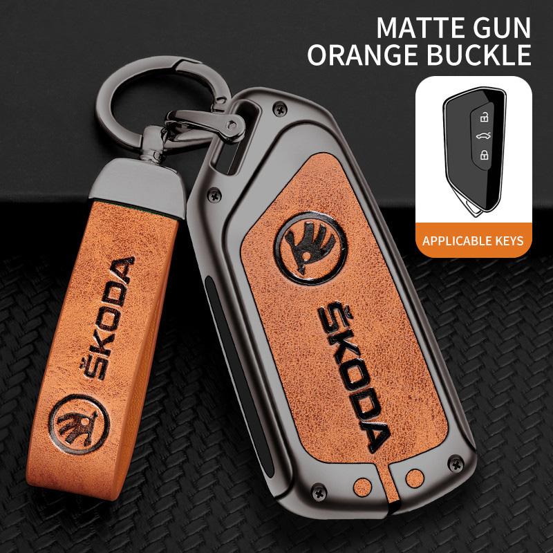 AAAAC1 Zinc Alloy Car Smart Remote Key Fob Leather Case Cover Protector Shell For Skoda Octavia 4 8 A8 2020 2021 Keychain Accessories