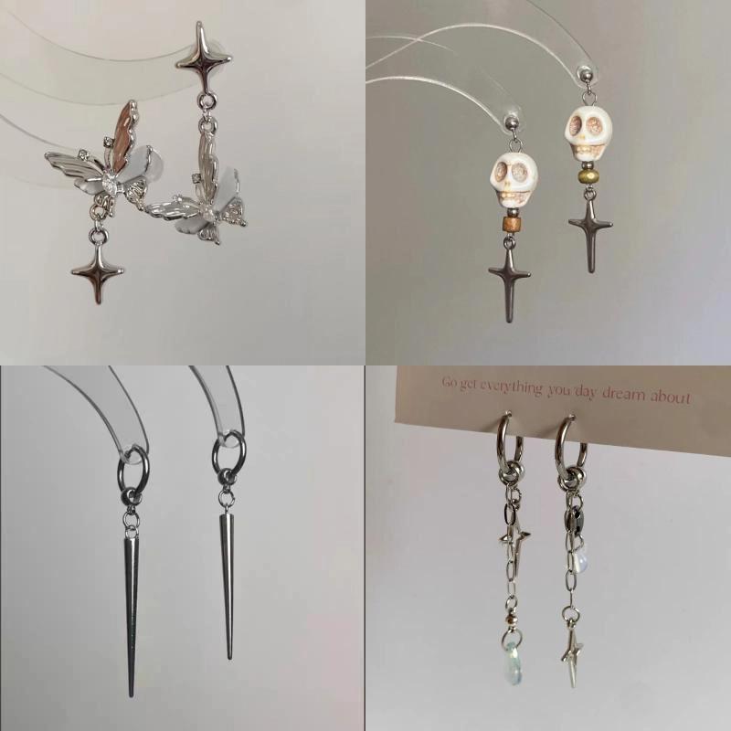 1Pair Punk Hip Hop Silver Color Rivet Drop Earrings For Women Men Gothic Metal Geometric Cone Pendant Earrings Y2K Party Jewelry