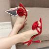Летняя мода шелковые розы цветы сзади ремешок каблук босоножки женские острый носок красные высокие каблуки свадебные туфли выпускной Zapatos Mujer