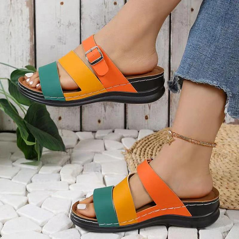 Fashion Mix Color PU Leather Wedge Sandals for Women 2025 Summer Comfort Non Slip Beach Slides Woman Fashion Buckle Platform Slippers 43