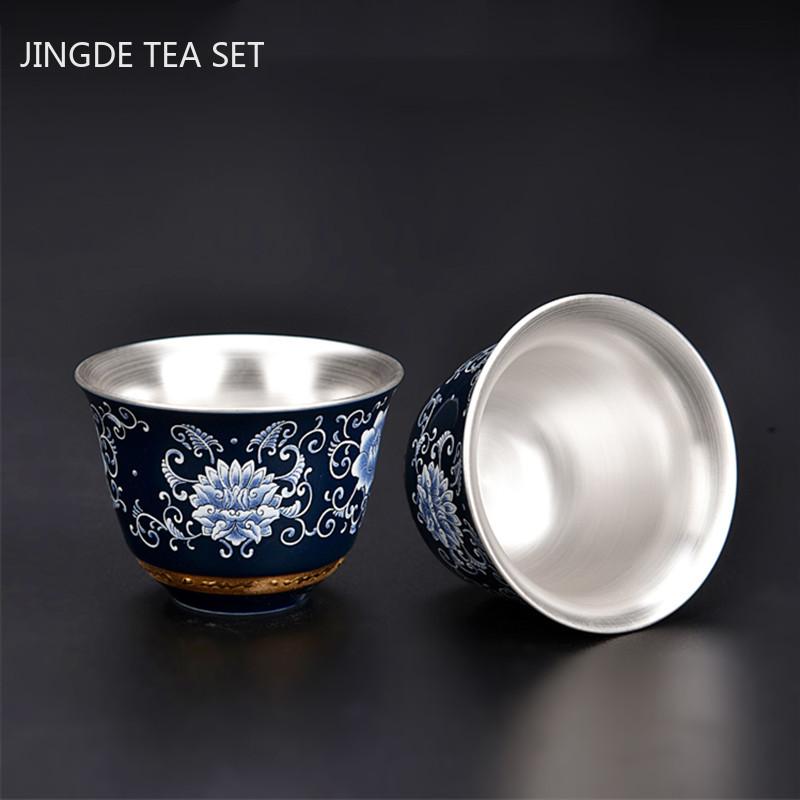 Синяя и белая позолоченная серебряная чашка, керамическая чашка ручной работы, эксклюзивная чайная чашка, портативная чашка для чая, бытовая чайная посуда